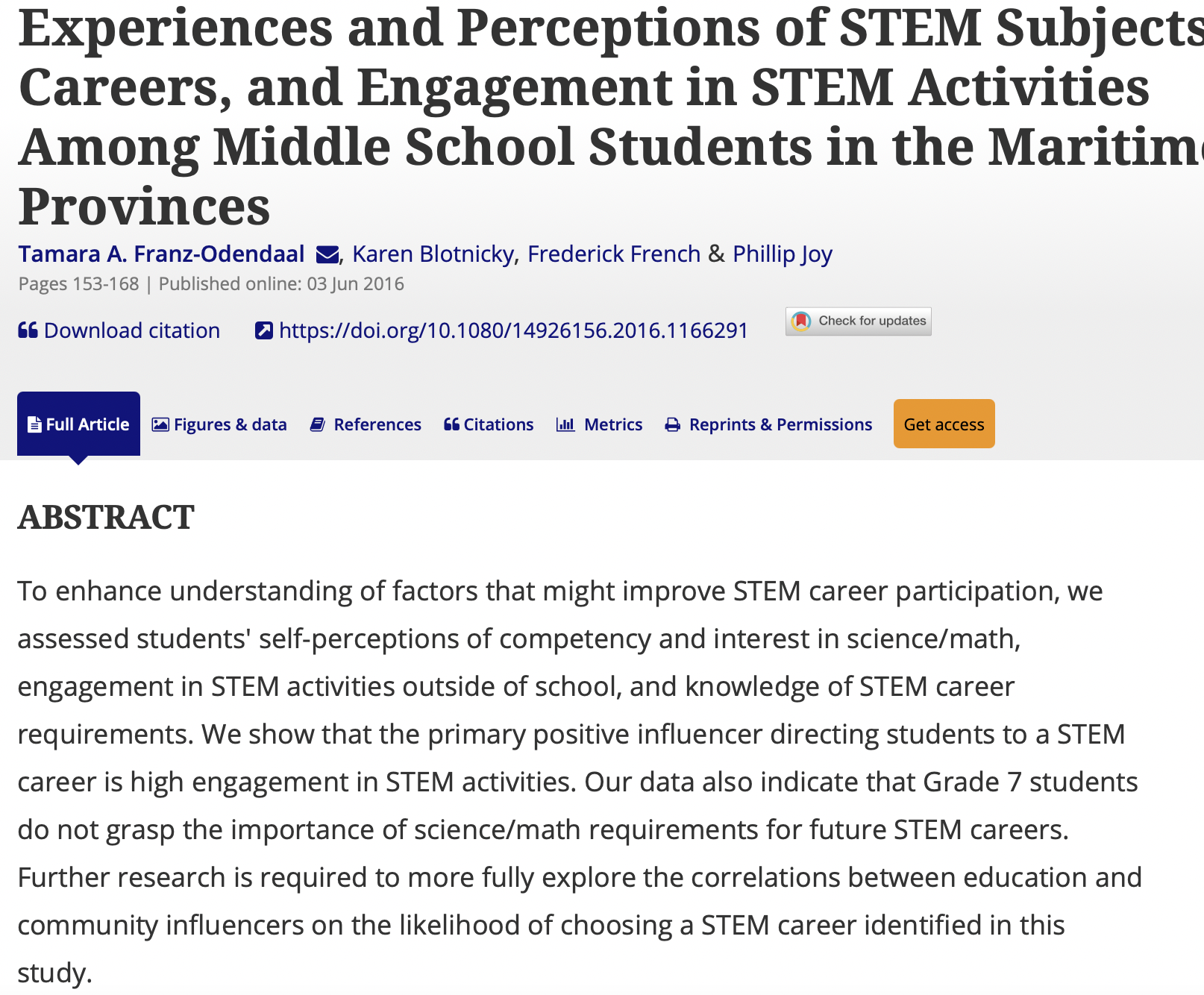 Journal Articles – STEM Perceptions and Knowledge Among Middle School Students in Atlantic Canada